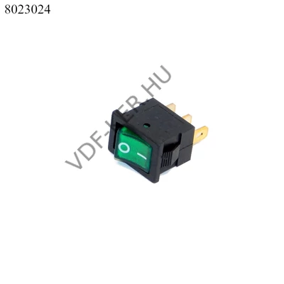 Kapcsoló billenő szögletes zöld kicsi 12V 15A visszajelzős 12x18mm TS145