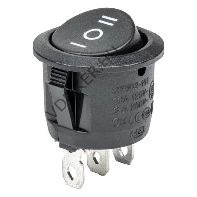 Kapcsoló billenő kerek fekete 3 állású 12V-250V 6A 20mm-es lyukba