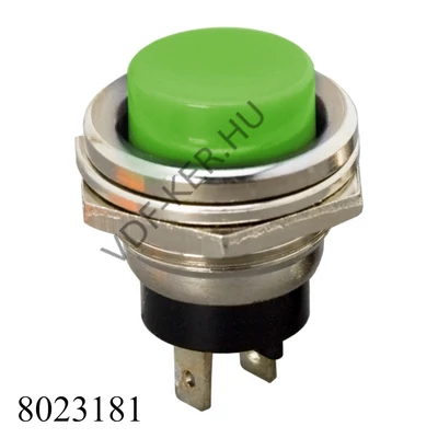 Nyomógomb kerek, fémházas, zöld gombbal, 2A 13mm 09065ZO 250V